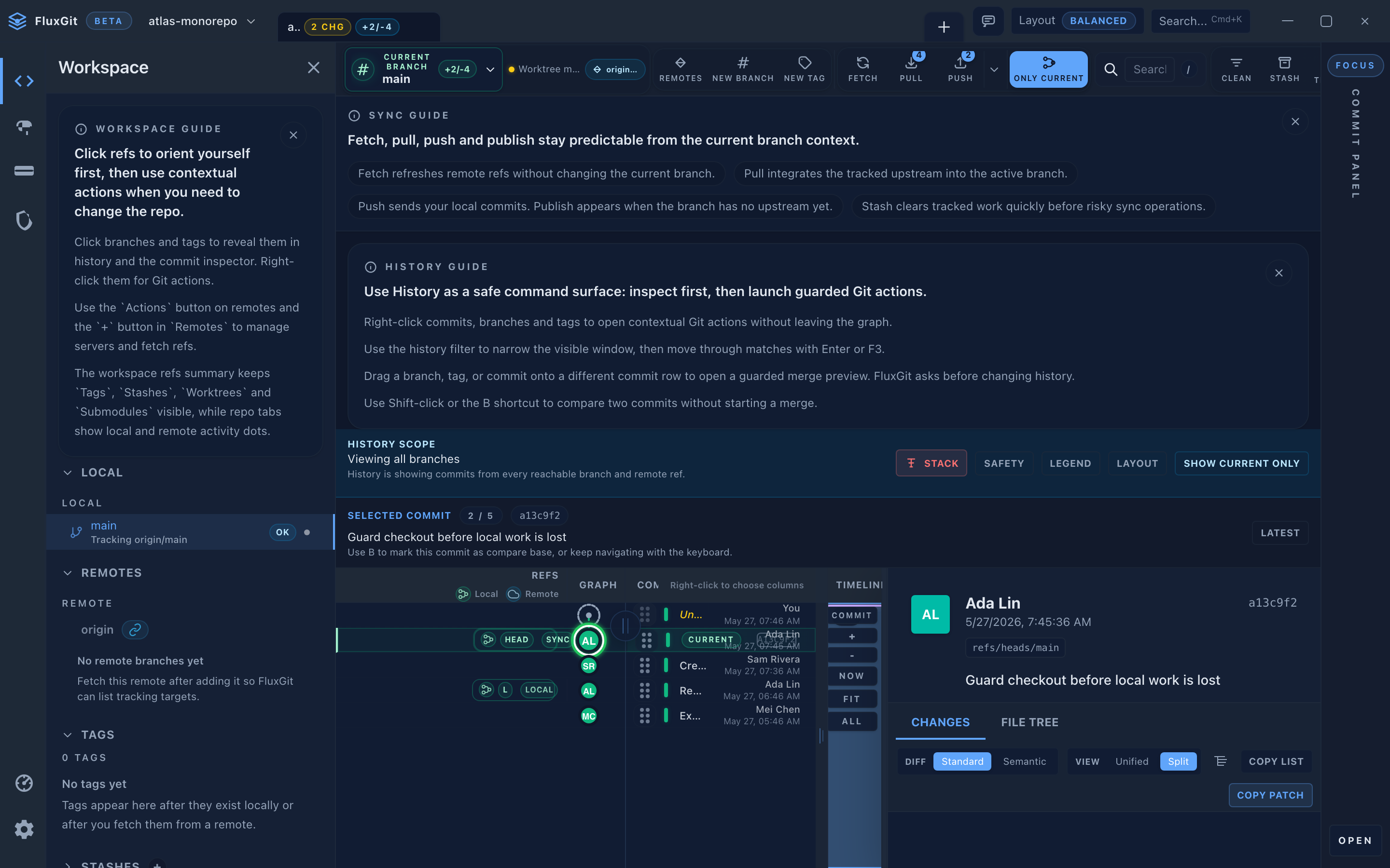 FluxGit visual history cockpit with synthetic demo commits and a guarded checkout
