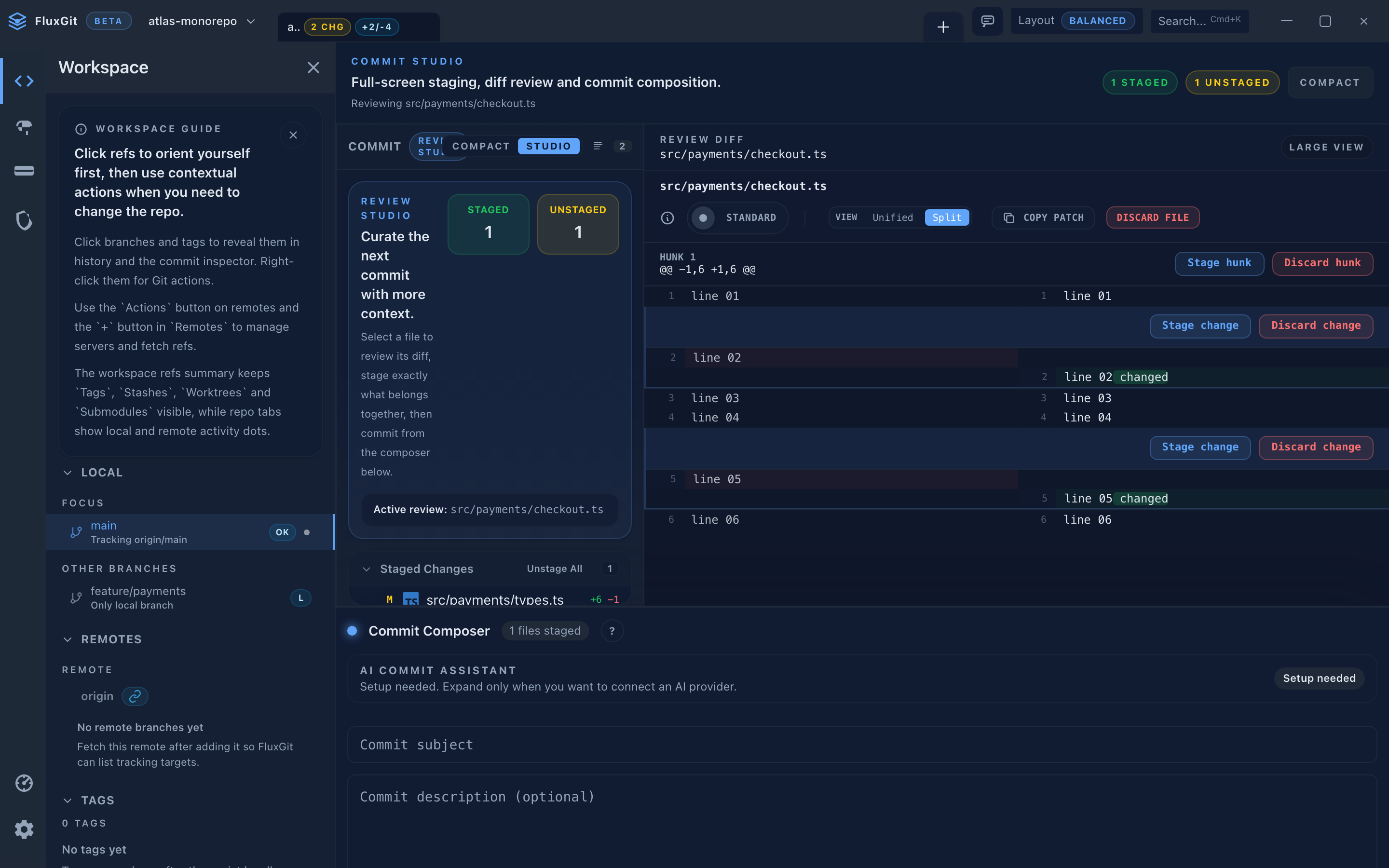 FluxGit Commit Studio staging and diff review with synthetic demo changes