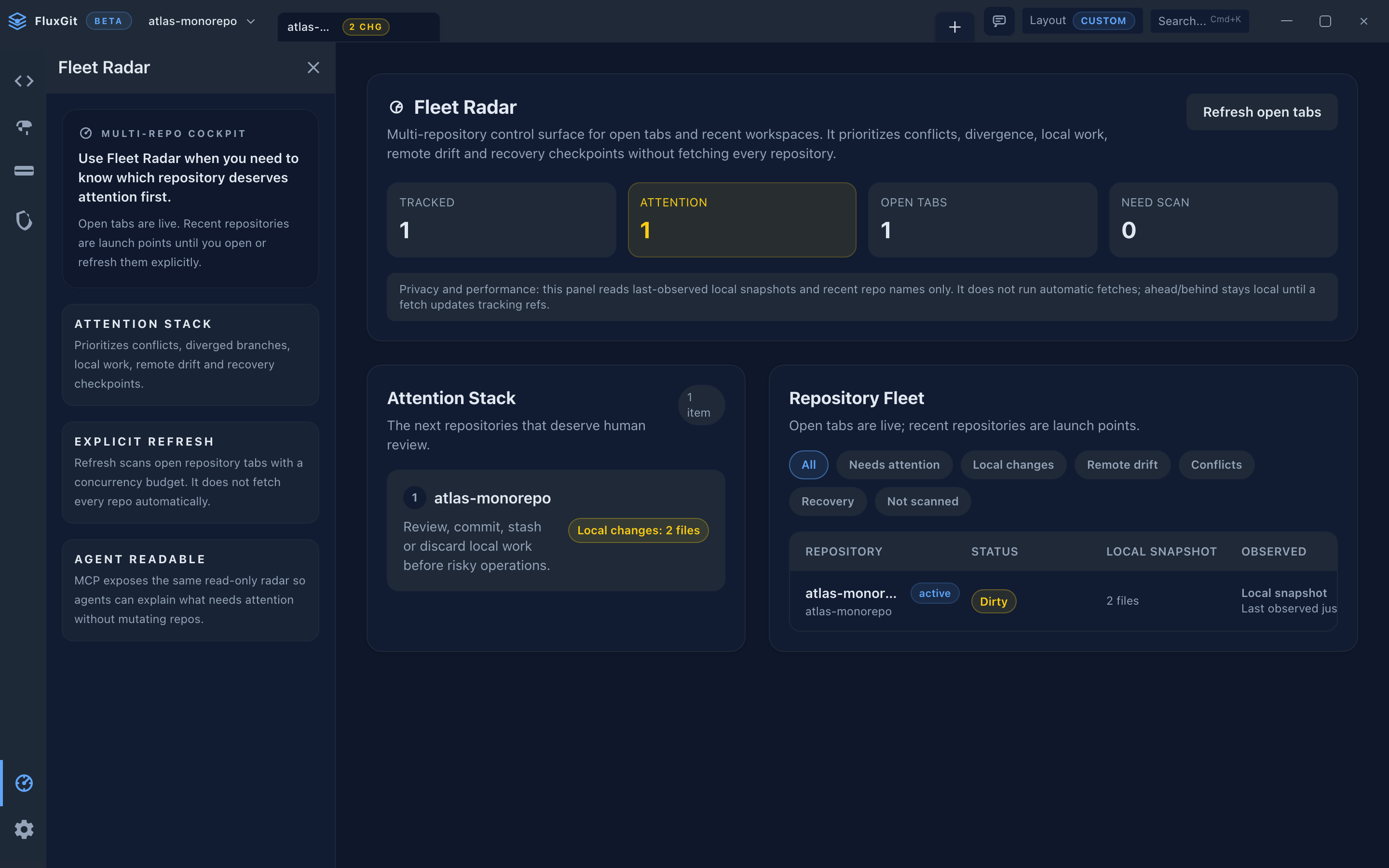FluxGit Fleet Radar showing synthetic demo repositories that need attention