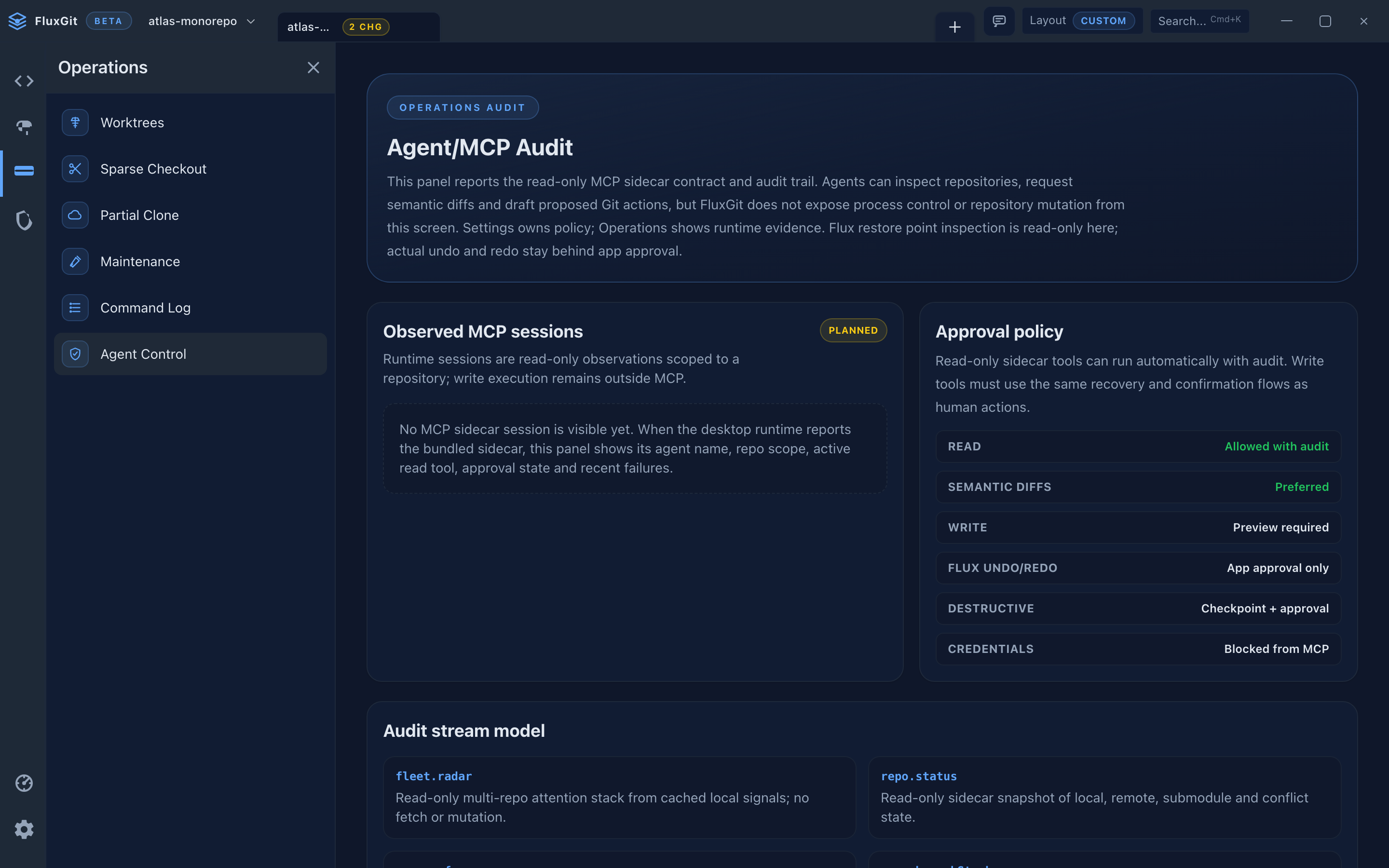 FluxGit read-only MCP agent audit panel on synthetic demo data