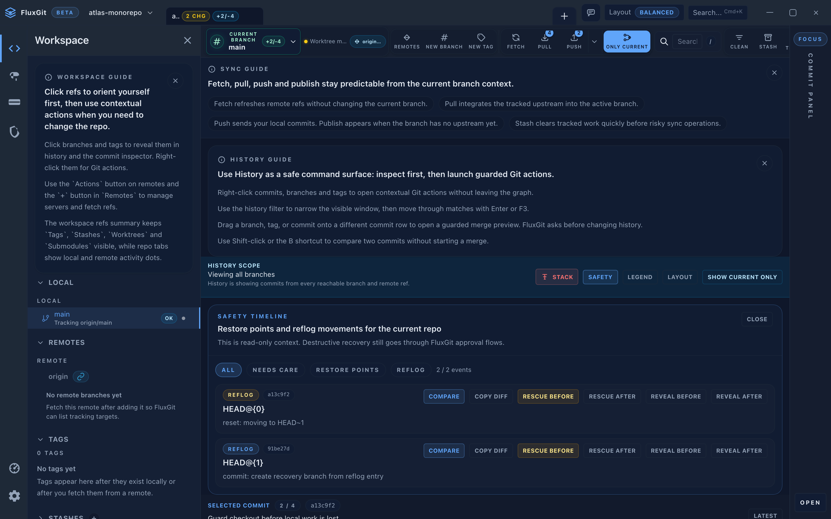 FluxGit Safety Timeline with restore points and reflog movements on synthetic demo data