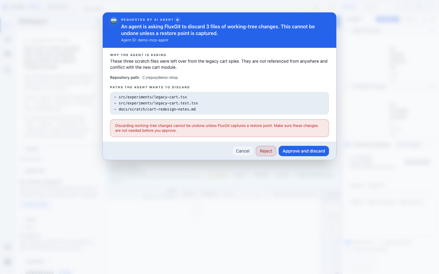 Discard variant of the agent proposal handshake: FluxGit shows an irrecoverable-warning card listing three working-tree paths the agent wants to discard, with explicit Approve and discard / Reject controls