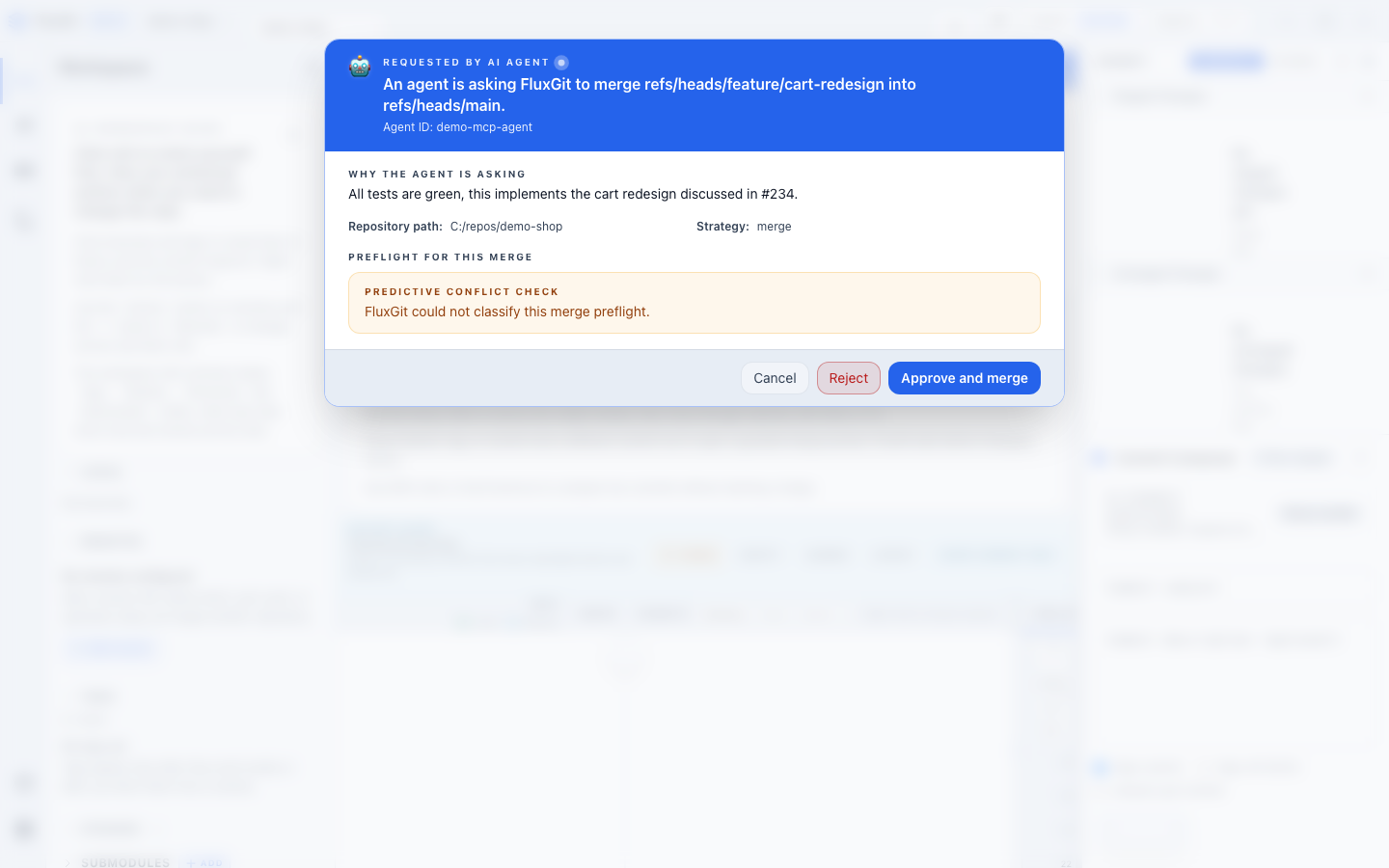 FluxGit desktop cockpit with the '🤖 Requested by AI agent' modal open: an agent has proposed merging refs/heads/feature/cart-redesign into refs/heads/main with the reason 'All tests are green, this implements the cart redesign discussed in #234' and the user can approve or reject with the FluxGit safety pipeline behind the approval