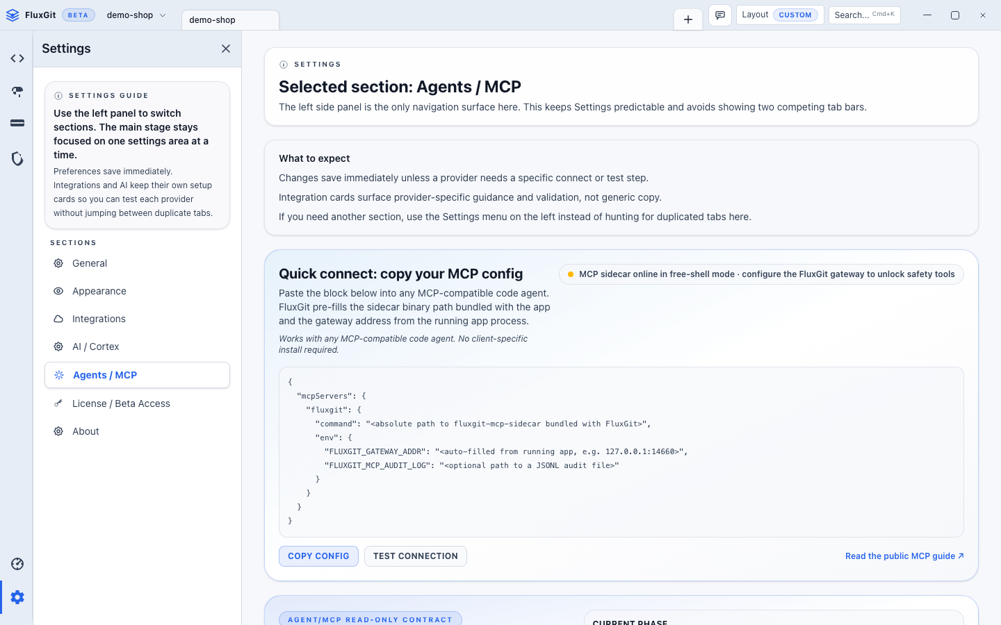 FluxGit Settings / Agents / MCP panel: 'Quick connect: copy your MCP config' section with online status indicator, the generic MCP JSON config block, copy and test buttons, and tool surface tier badges